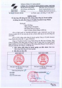 Thông báo về việc thay đổi thông tin Giấy chứng nhận đăng ký doanh nghiệp và thông tin mẫu dấu Công ty CP Sonadezi Long Thành